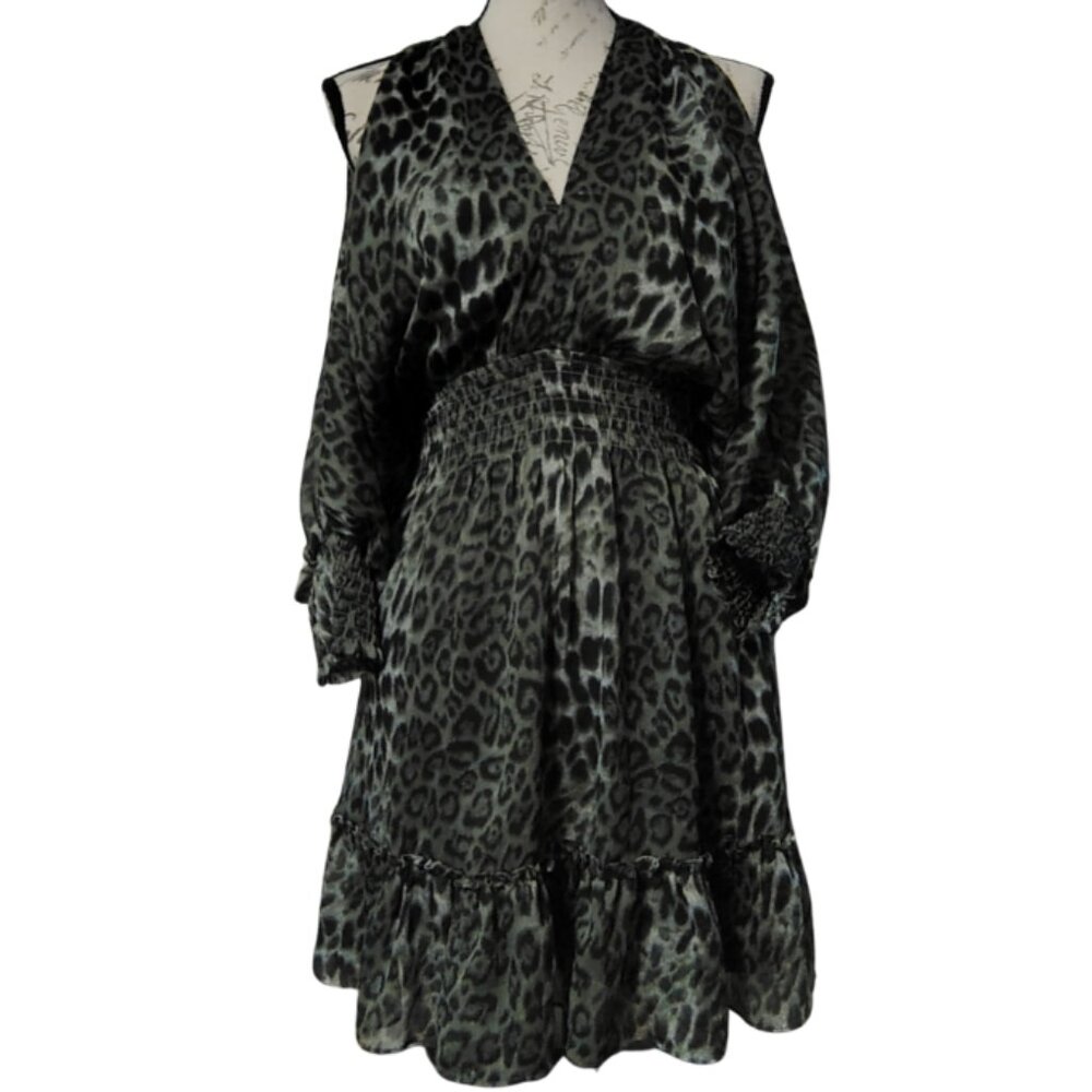 Leopard Print‎ Mini Dress Medium Open Back Ruffle Mob Wife Witchy Indie Sleeze